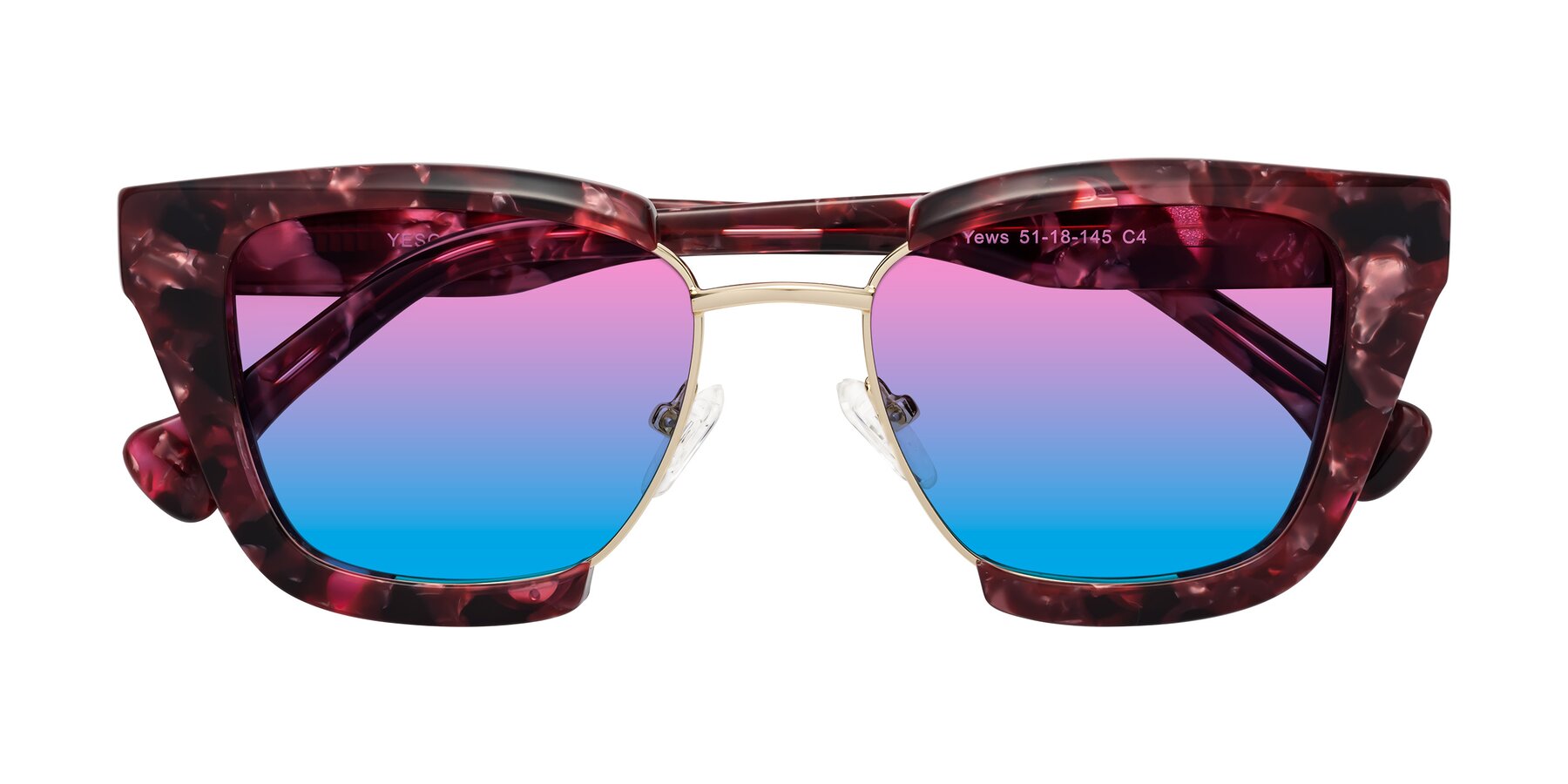 Folded Front of Yews in Wineberry Tortoise-Gold with Pink / Blue Gradient Lenses