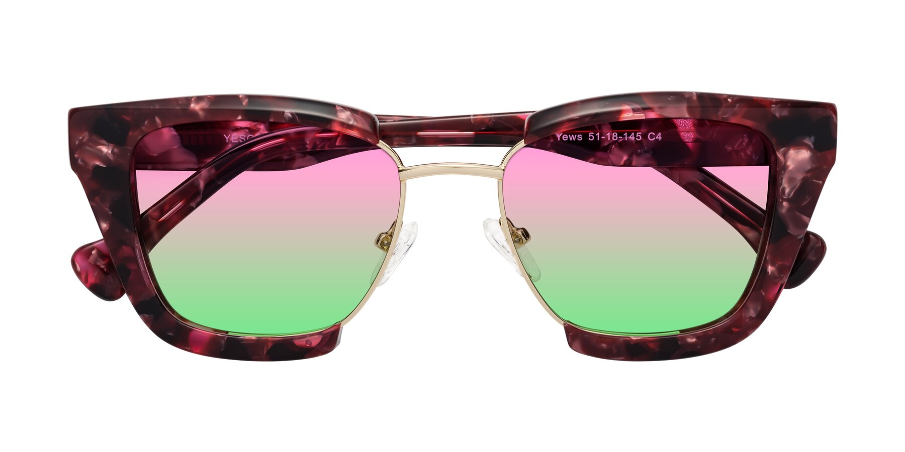 Folded Front of Yews in Wineberry Tortoise-Gold with Pink / Green Gradient Lenses