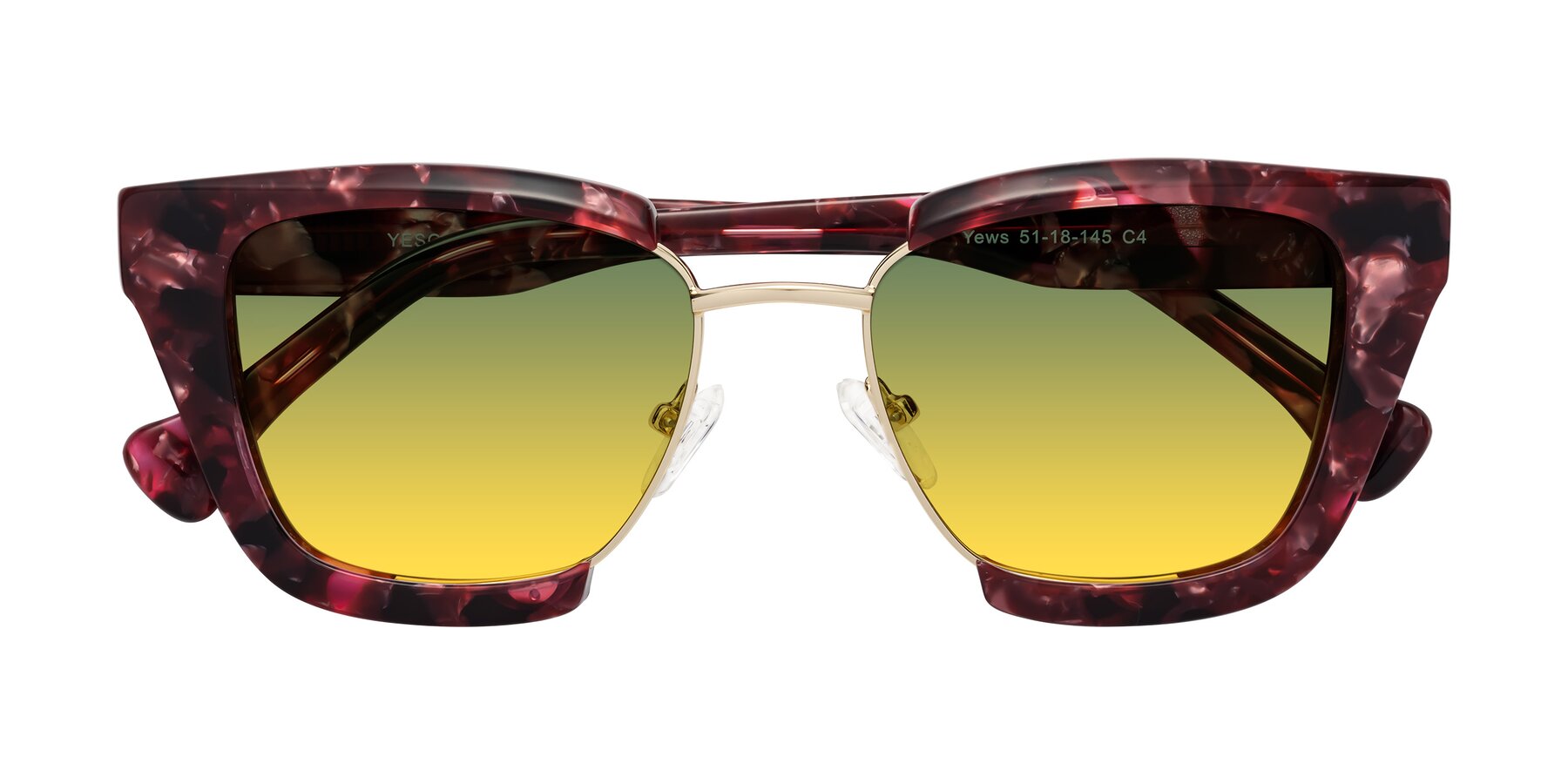 Folded Front of Yews in Wineberry Tortoise-Gold with Green / Yellow Gradient Lenses