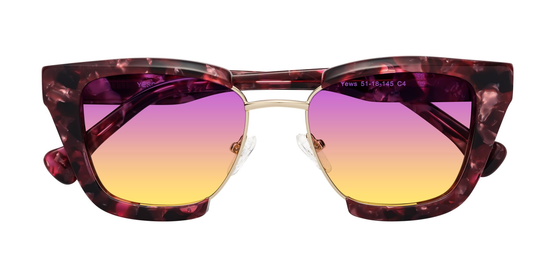 Folded Front of Yews in Wineberry Tortoise-Gold with Purple / Yellow Gradient Lenses