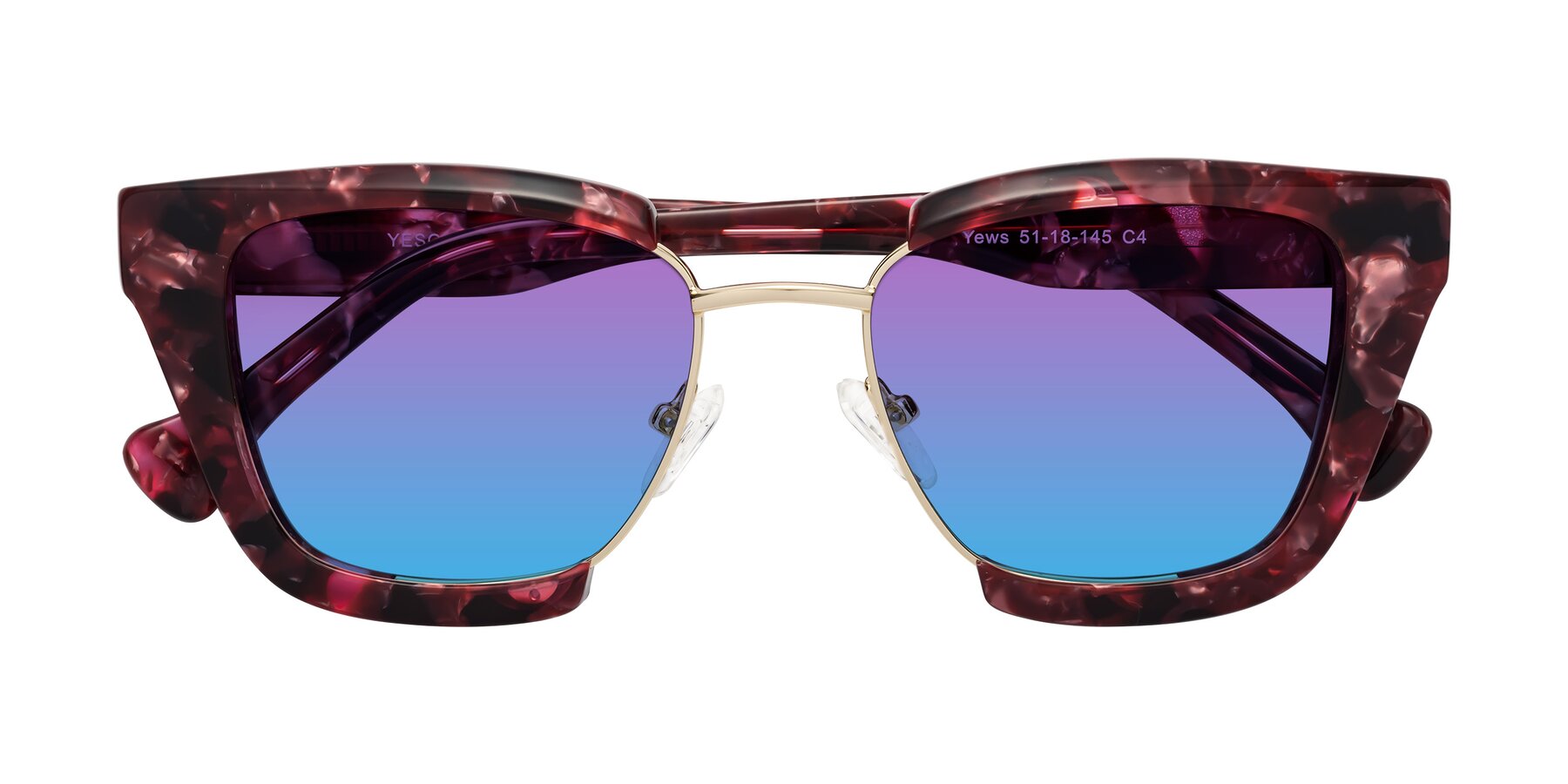 Folded Front of Yews in Wineberry Tortoise-Gold with Purple / Blue Gradient Lenses