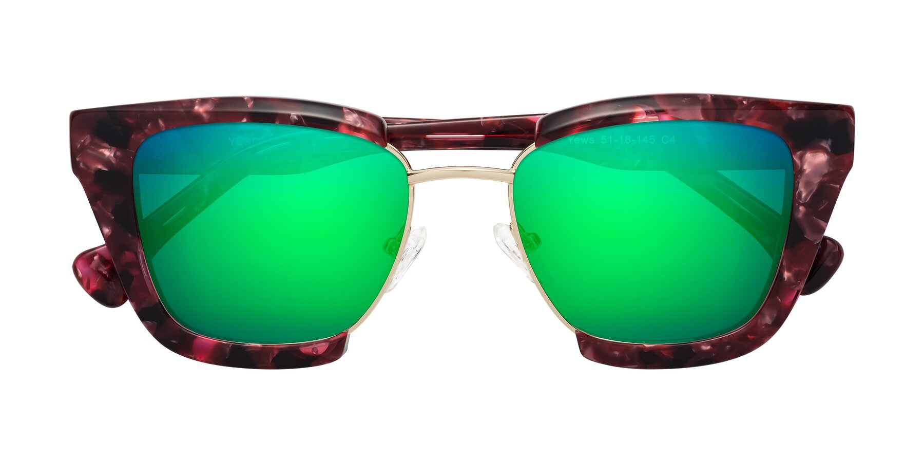 Folded Front of Yews in Wineberry Tortoise-Gold with Green Mirrored Lenses