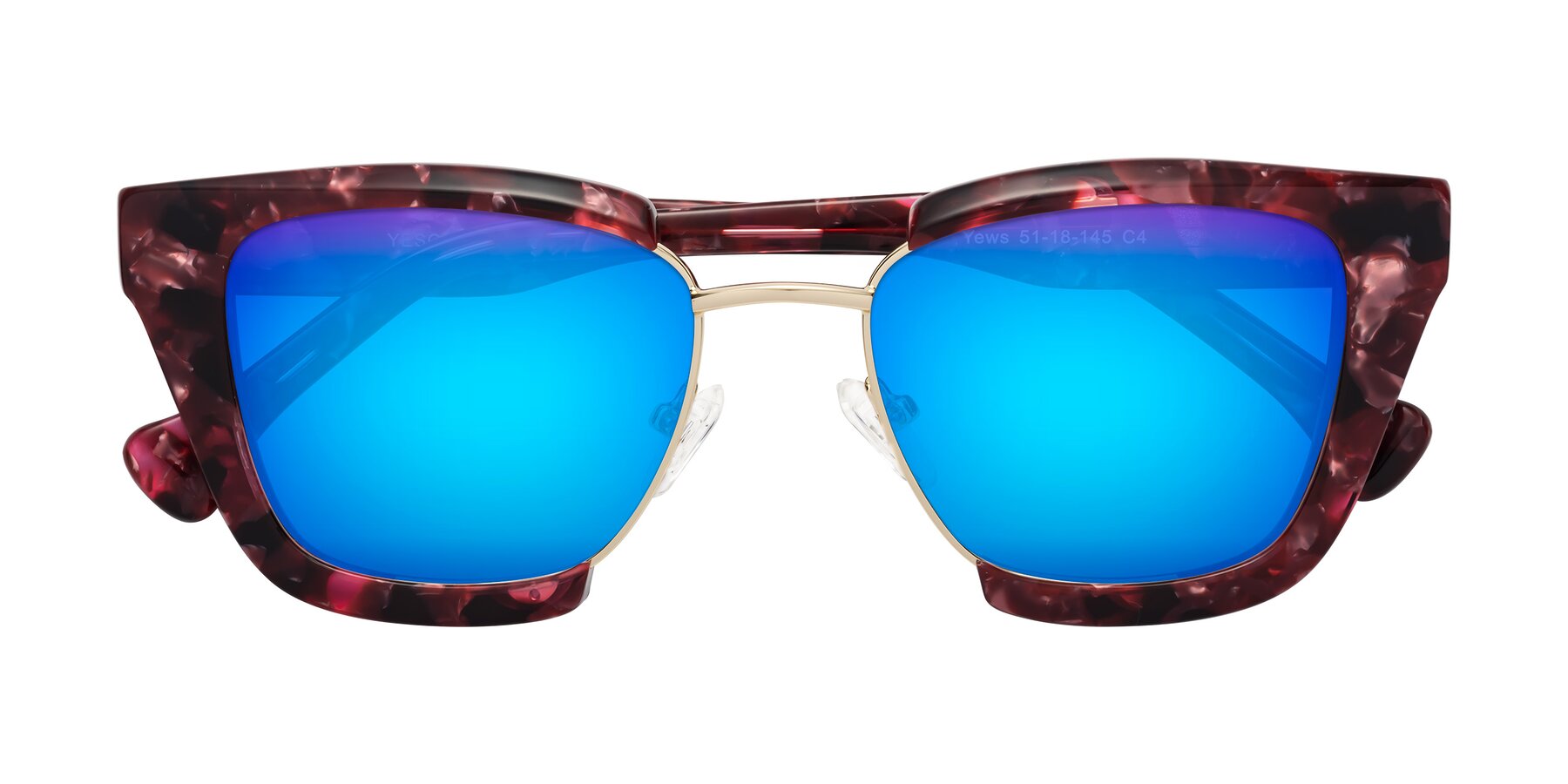 Folded Front of Yews in Wineberry Tortoise-Gold with Blue Mirrored Lenses