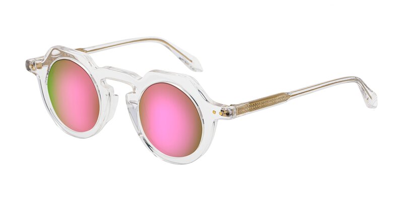 Clear Keyhole Bridge Retro-Vintage Round Mirrored Sunglasses with Pink ...