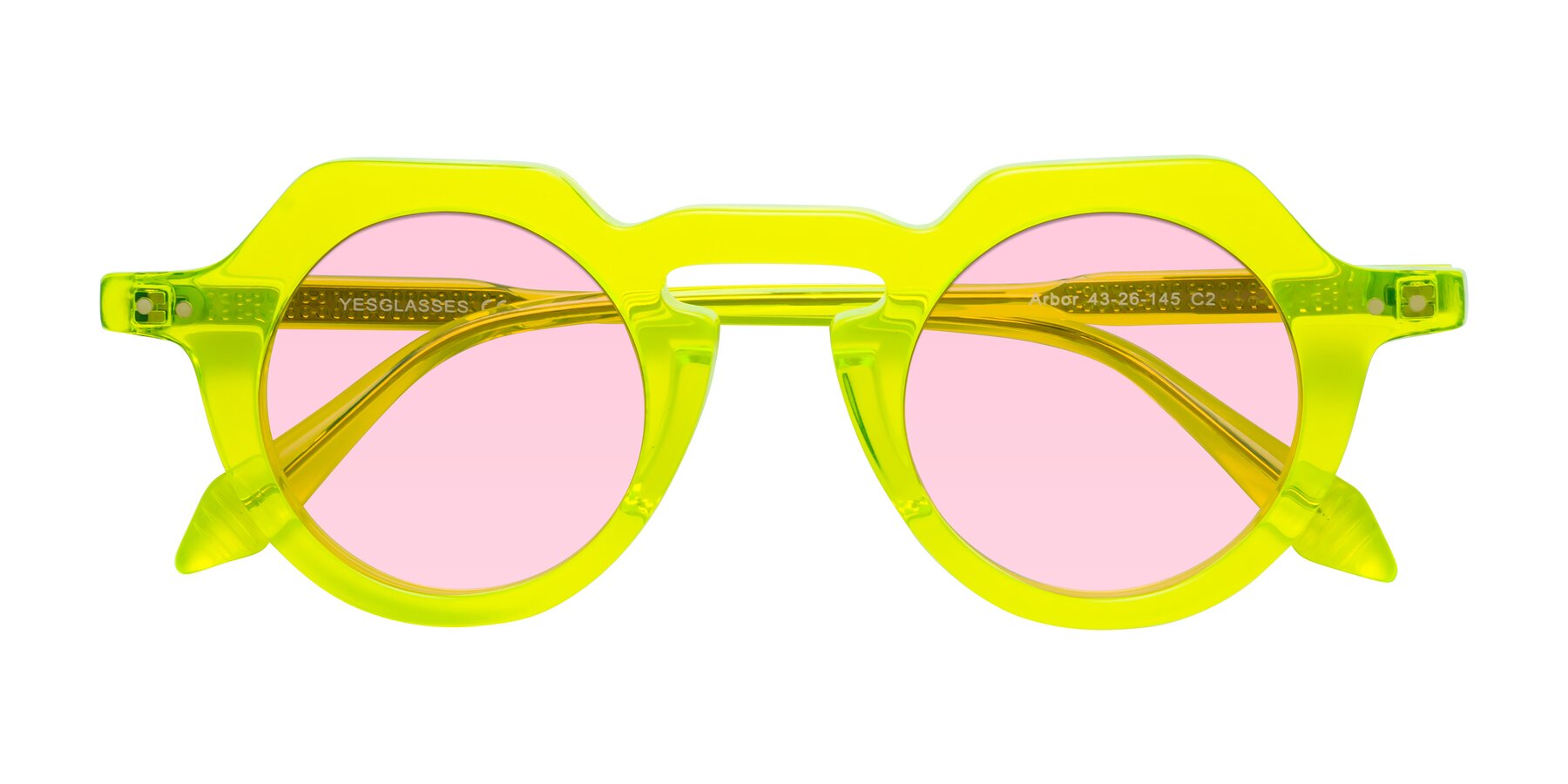 Folded Front of Arbor in Neon Yellow with Light Pink Tinted Lenses