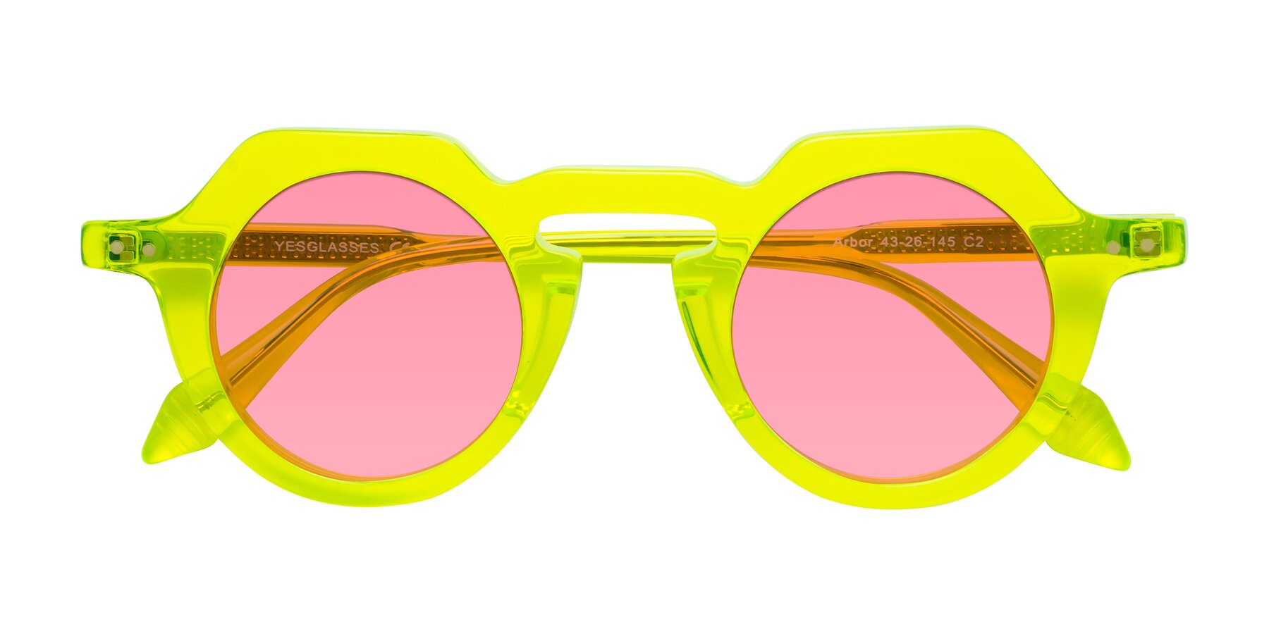 Folded Front of Arbor in Neon Yellow with Pink Tinted Lenses