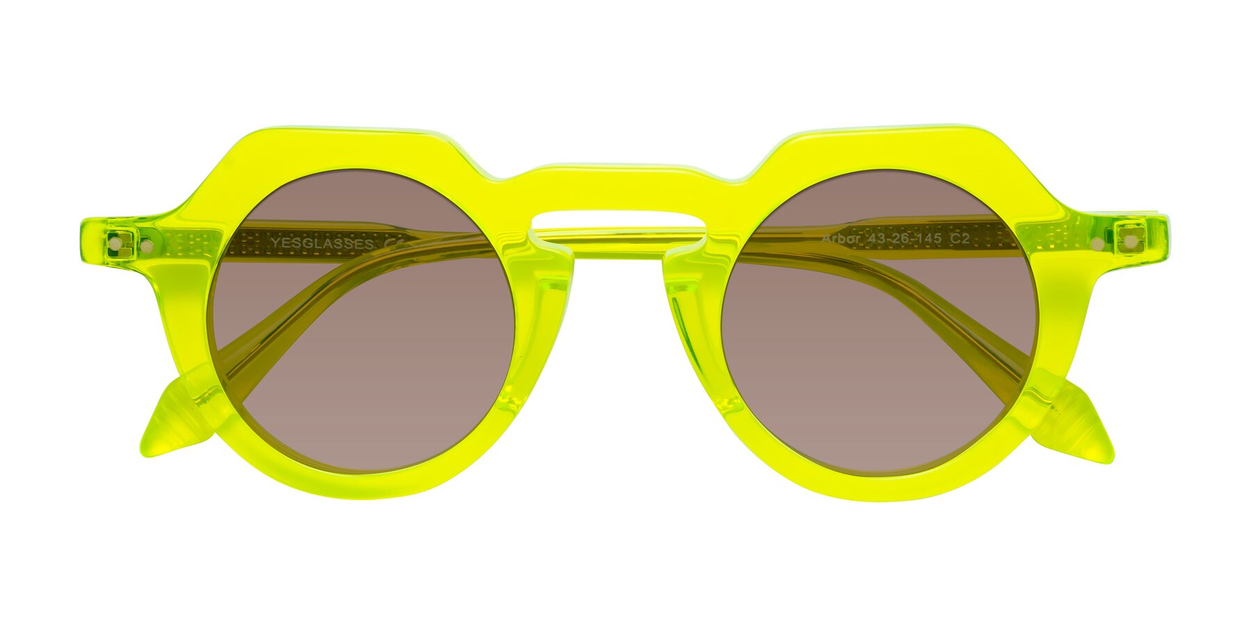 Folded Front of Arbor in Neon Yellow with Medium Brown Tinted Lenses