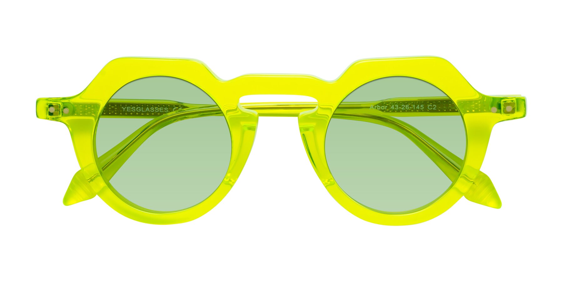 Folded Front of Arbor in Neon Yellow with Medium Green Tinted Lenses