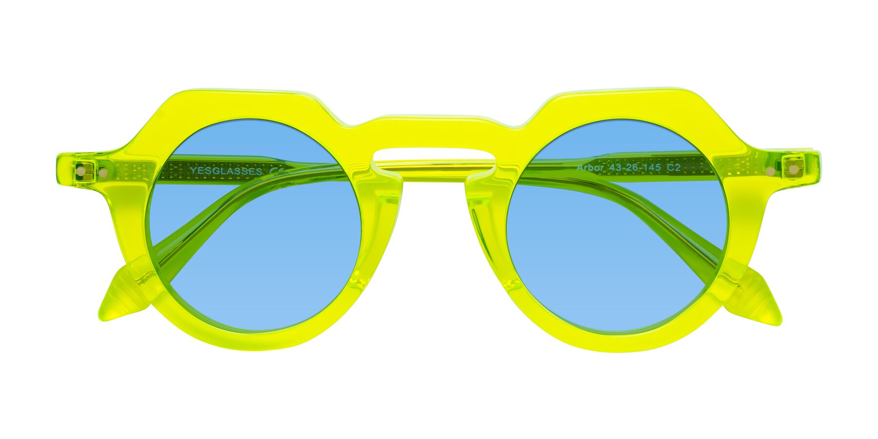 Folded Front of Arbor in Neon Yellow with Medium Blue Tinted Lenses