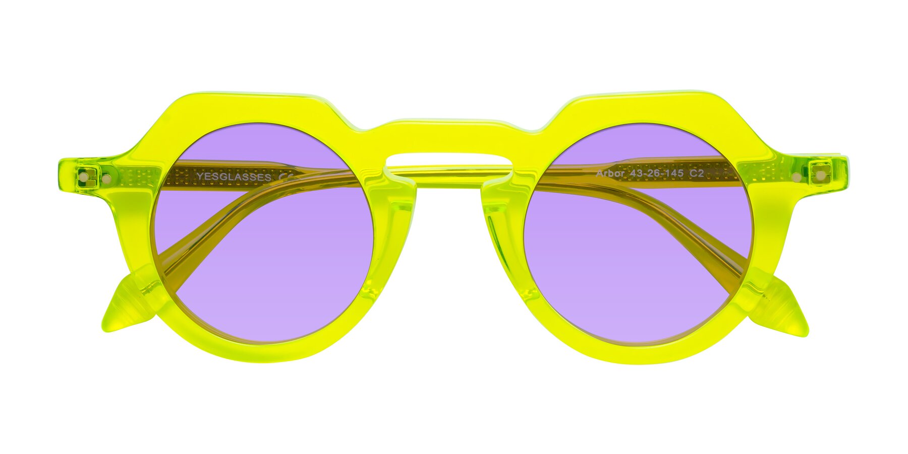 Folded Front of Arbor in Neon Yellow with Medium Purple Tinted Lenses