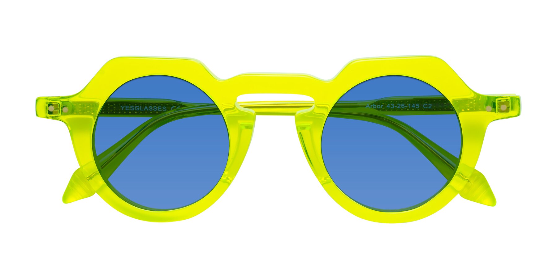 Folded Front of Arbor in Neon Yellow with Blue Tinted Lenses