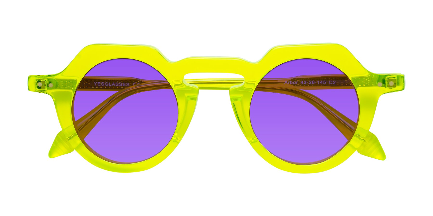 Folded Front of Arbor in Neon Yellow with Purple Tinted Lenses