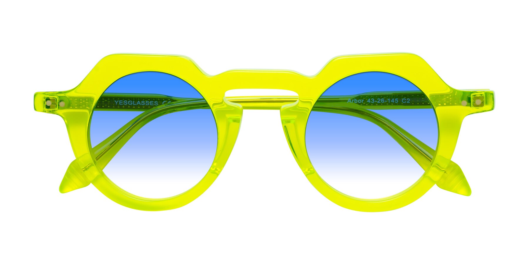 Folded Front of Arbor in Neon Yellow with Blue Gradient Lenses