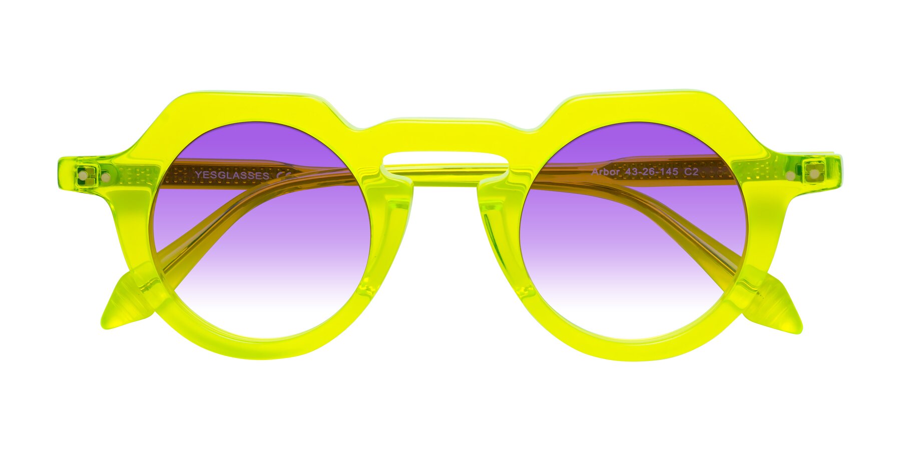 Folded Front of Arbor in Neon Yellow with Purple Gradient Lenses