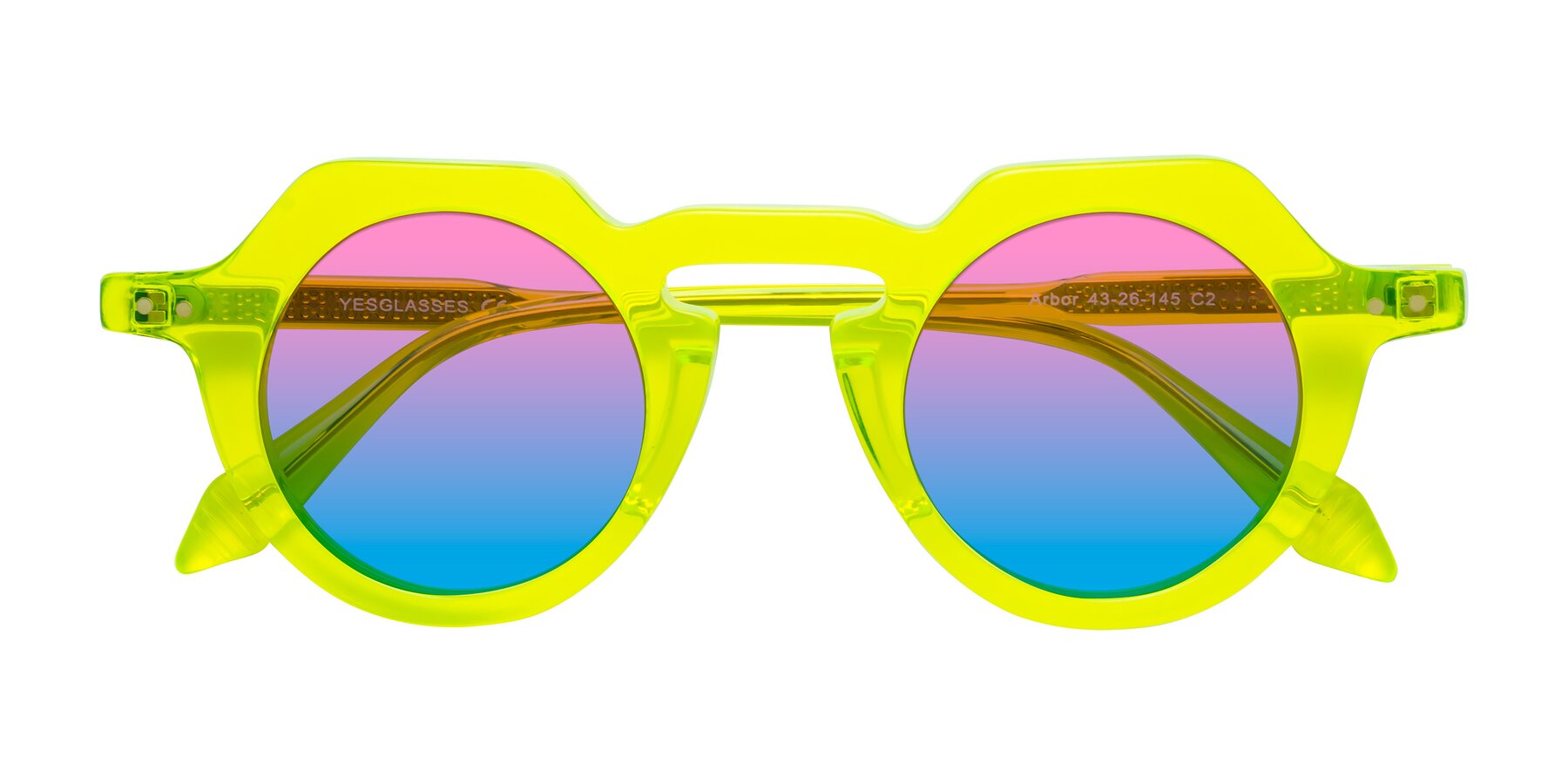 Folded Front of Arbor in Neon Yellow with Pink / Blue Gradient Lenses