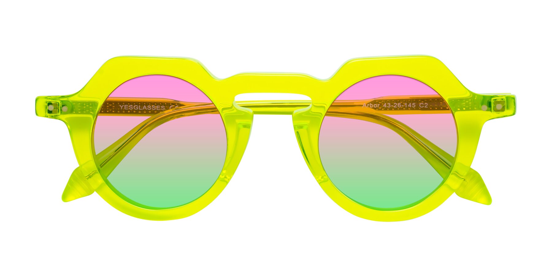 Folded Front of Arbor in Neon Yellow with Pink / Green Gradient Lenses