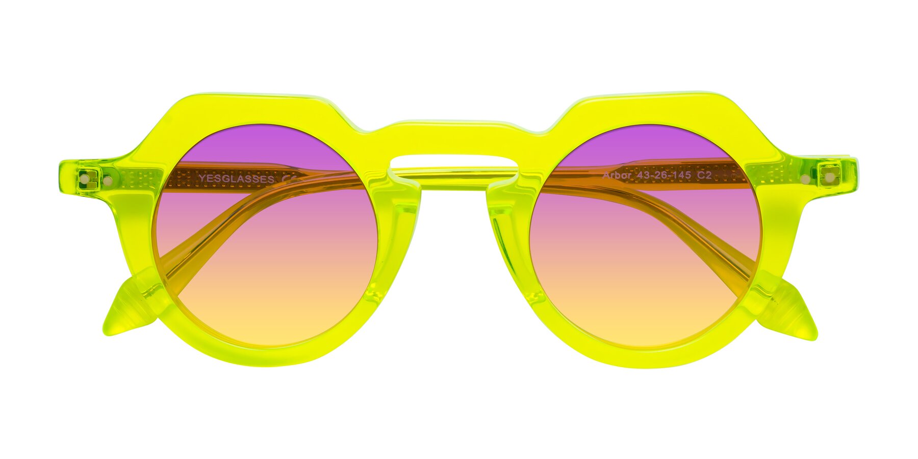 Folded Front of Arbor in Neon Yellow with Purple / Yellow Gradient Lenses