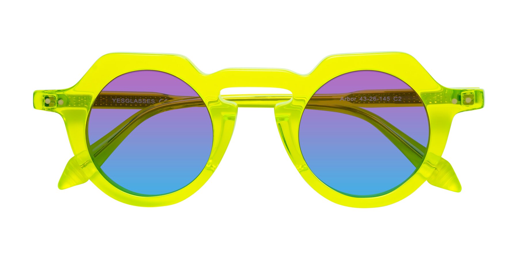 Folded Front of Arbor in Neon Yellow with Purple / Blue Gradient Lenses