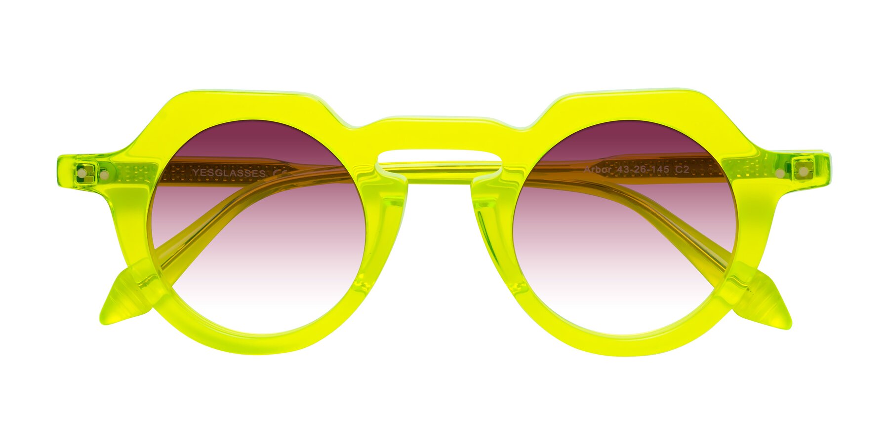 Folded Front of Arbor in Neon Yellow with Wine Gradient Lenses