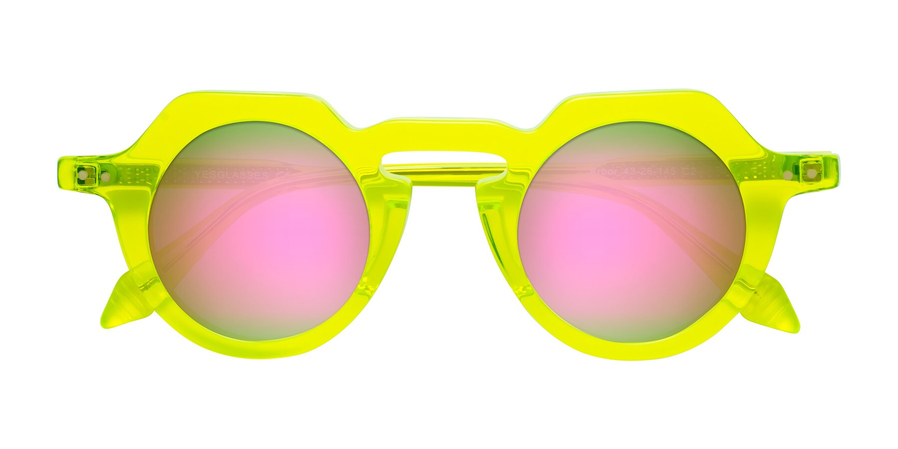 Folded Front of Arbor in Neon Yellow with Pink Mirrored Lenses