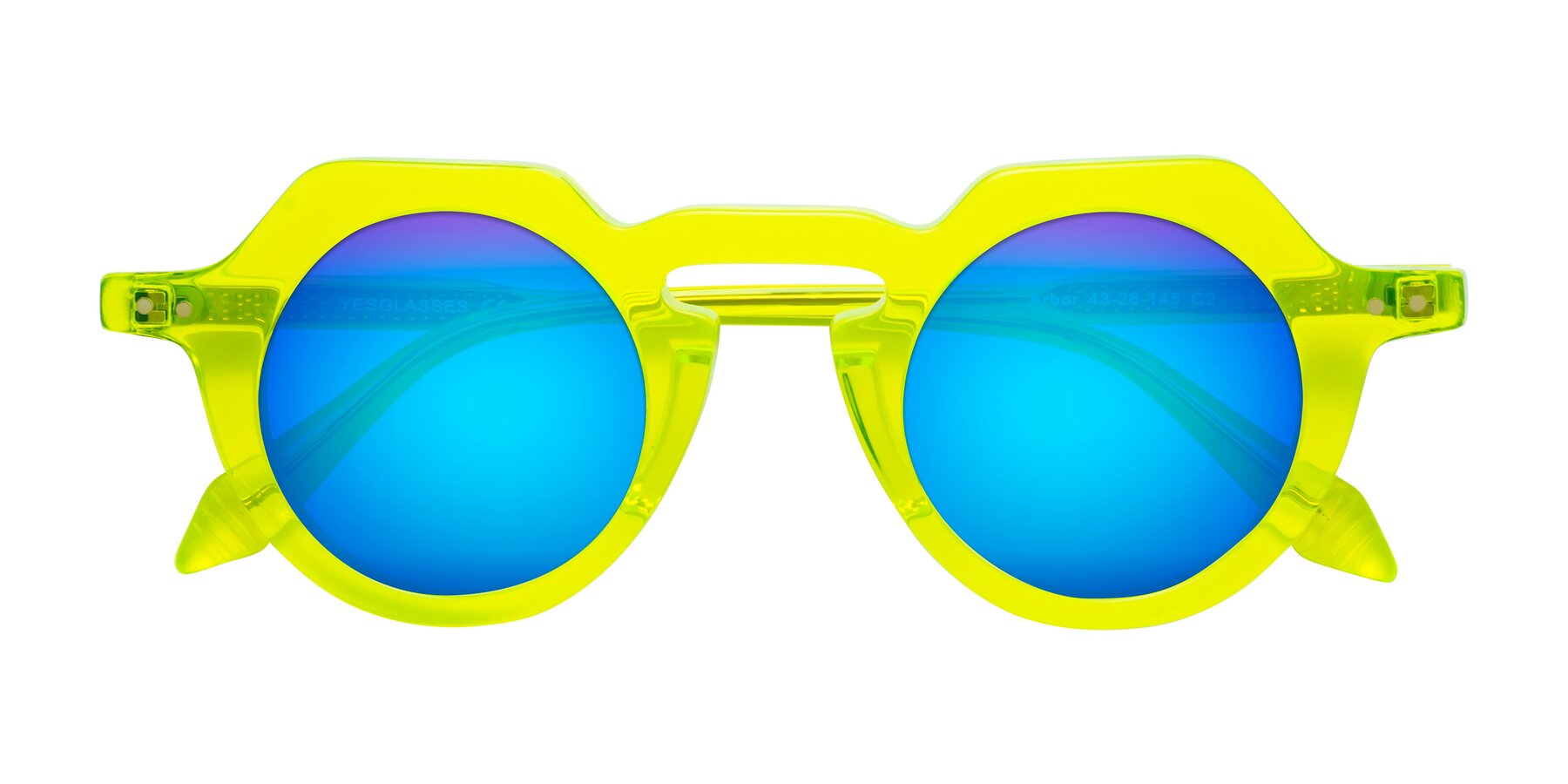 Folded Front of Arbor in Neon Yellow with Blue Mirrored Lenses