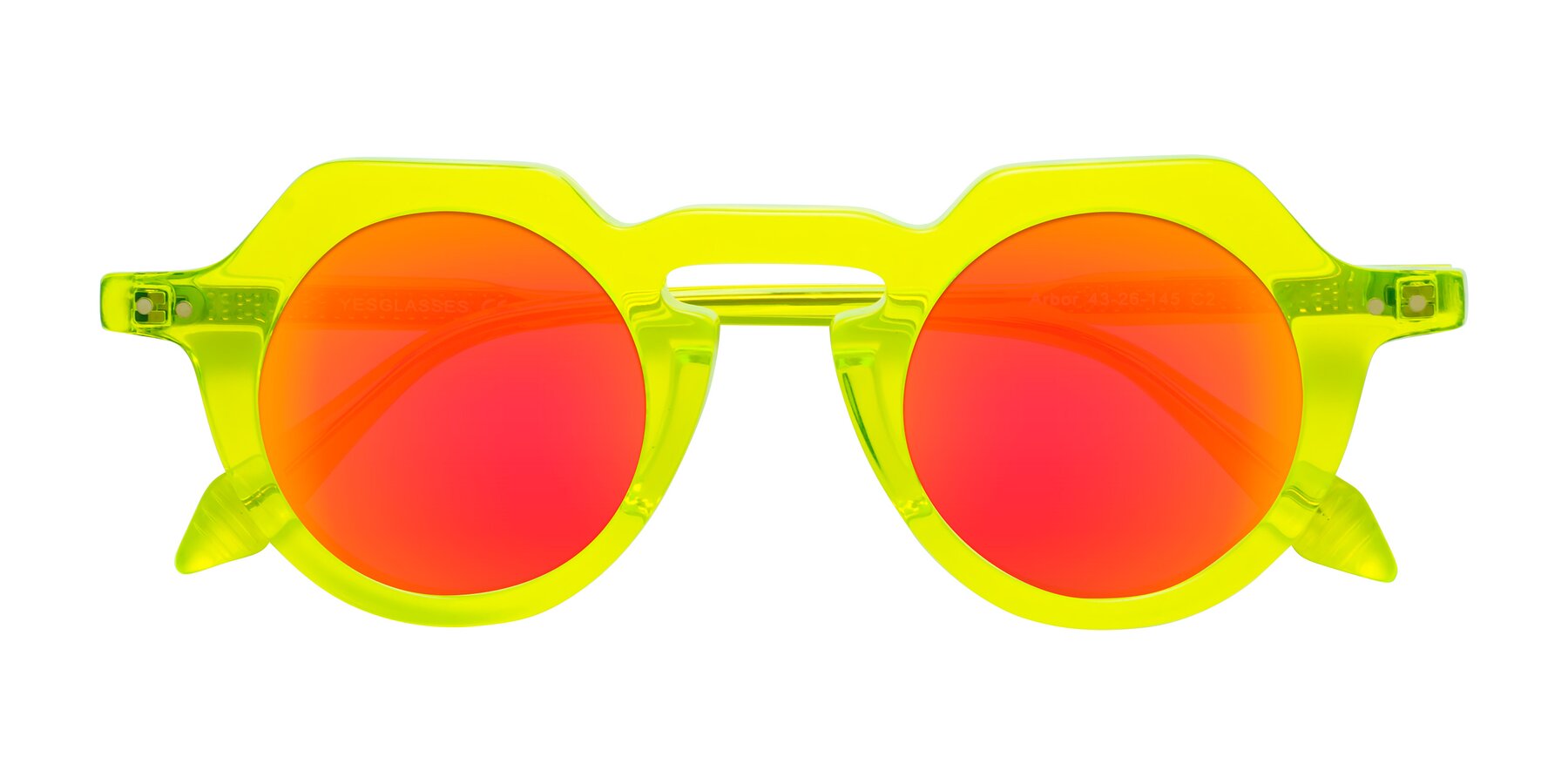 Folded Front of Arbor in Neon Yellow with Red Gold Mirrored Lenses