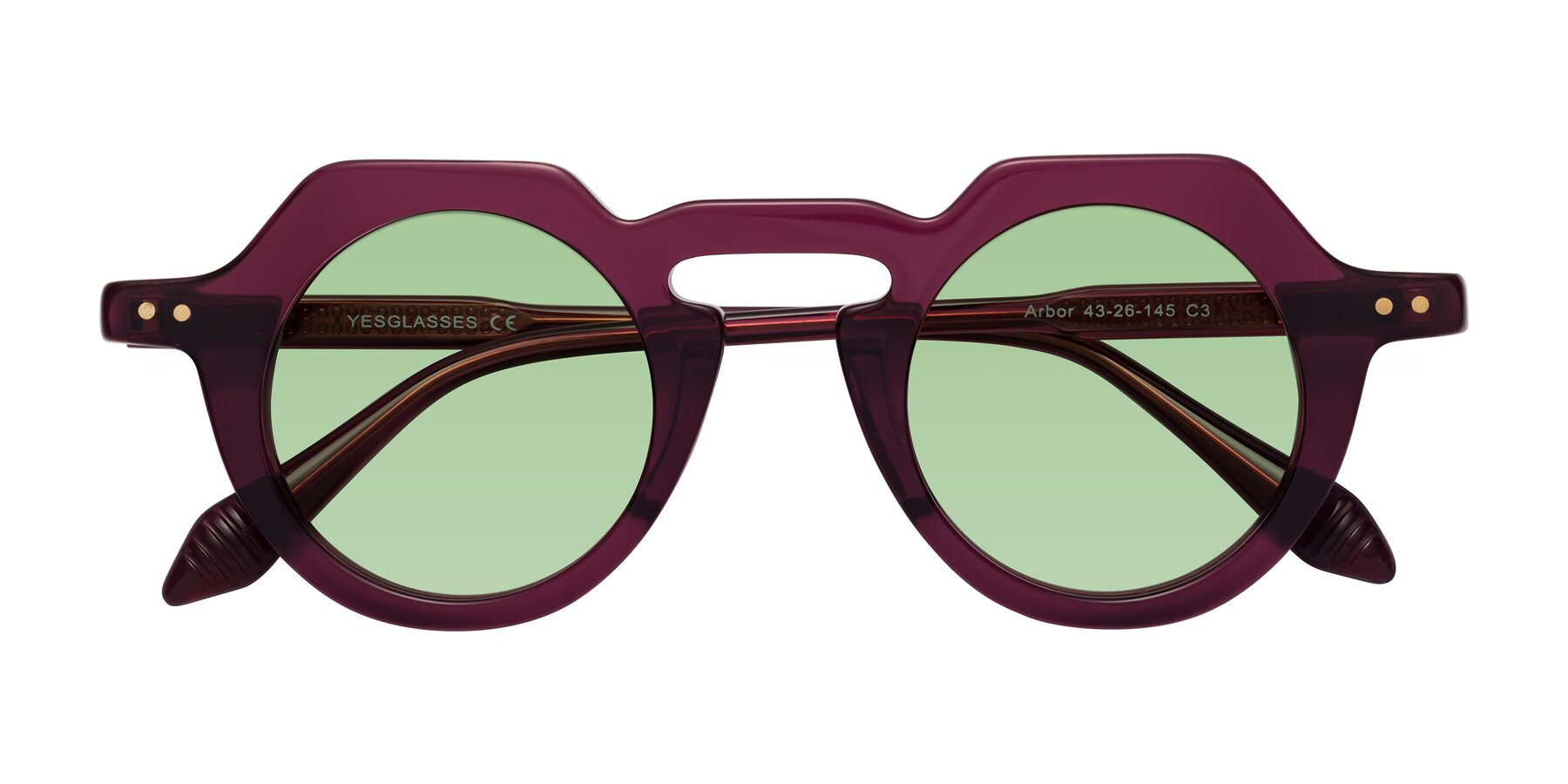 Folded Front of Arbor in Deep Purple with Medium Green Tinted Lenses