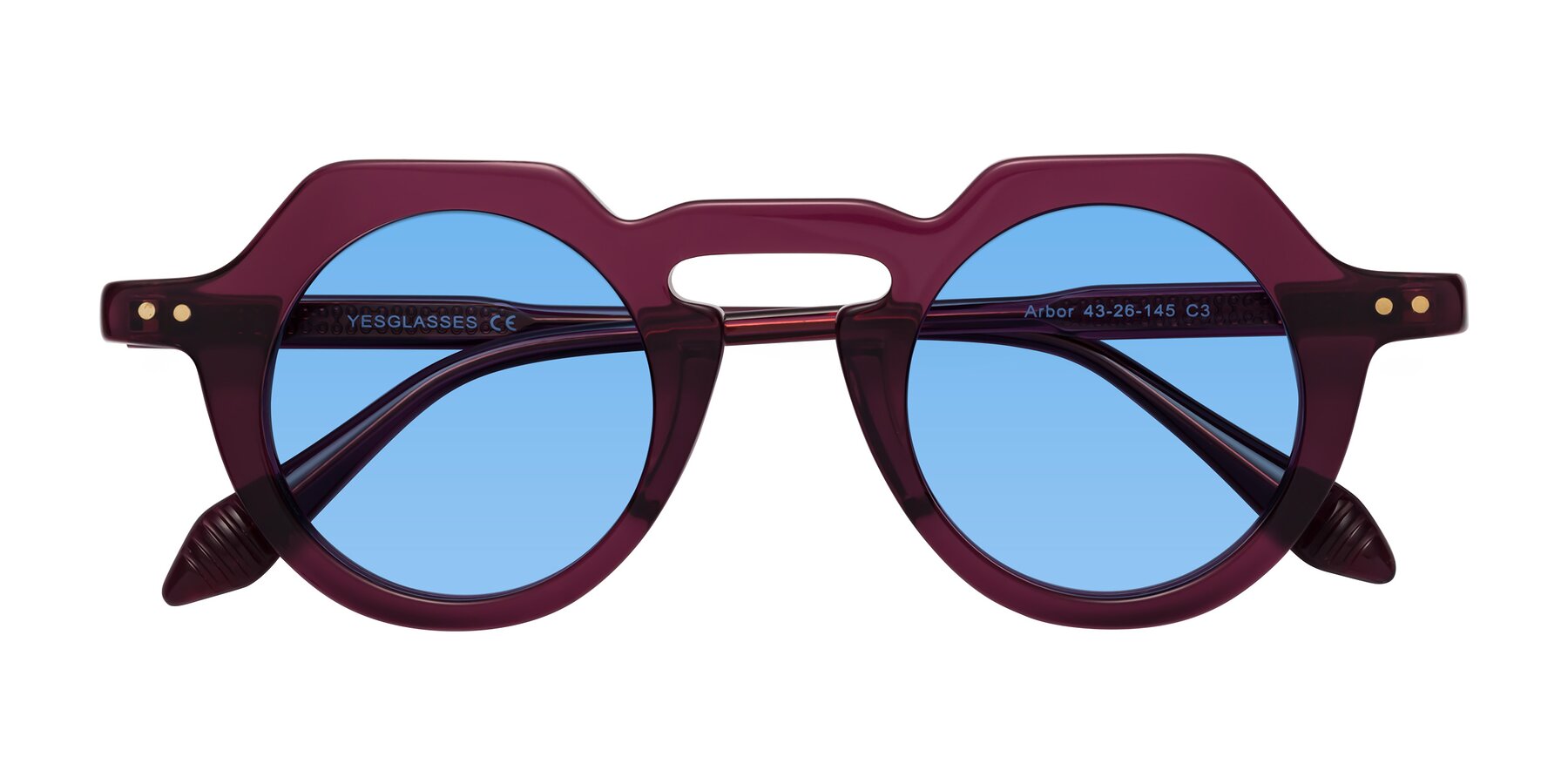 Folded Front of Arbor in Deep Purple with Medium Blue Tinted Lenses