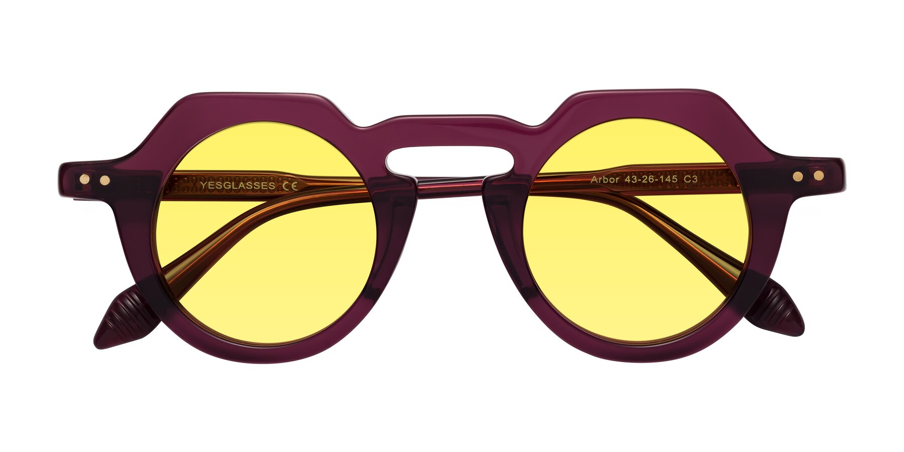 Folded Front of Arbor in Deep Purple with Medium Yellow Tinted Lenses