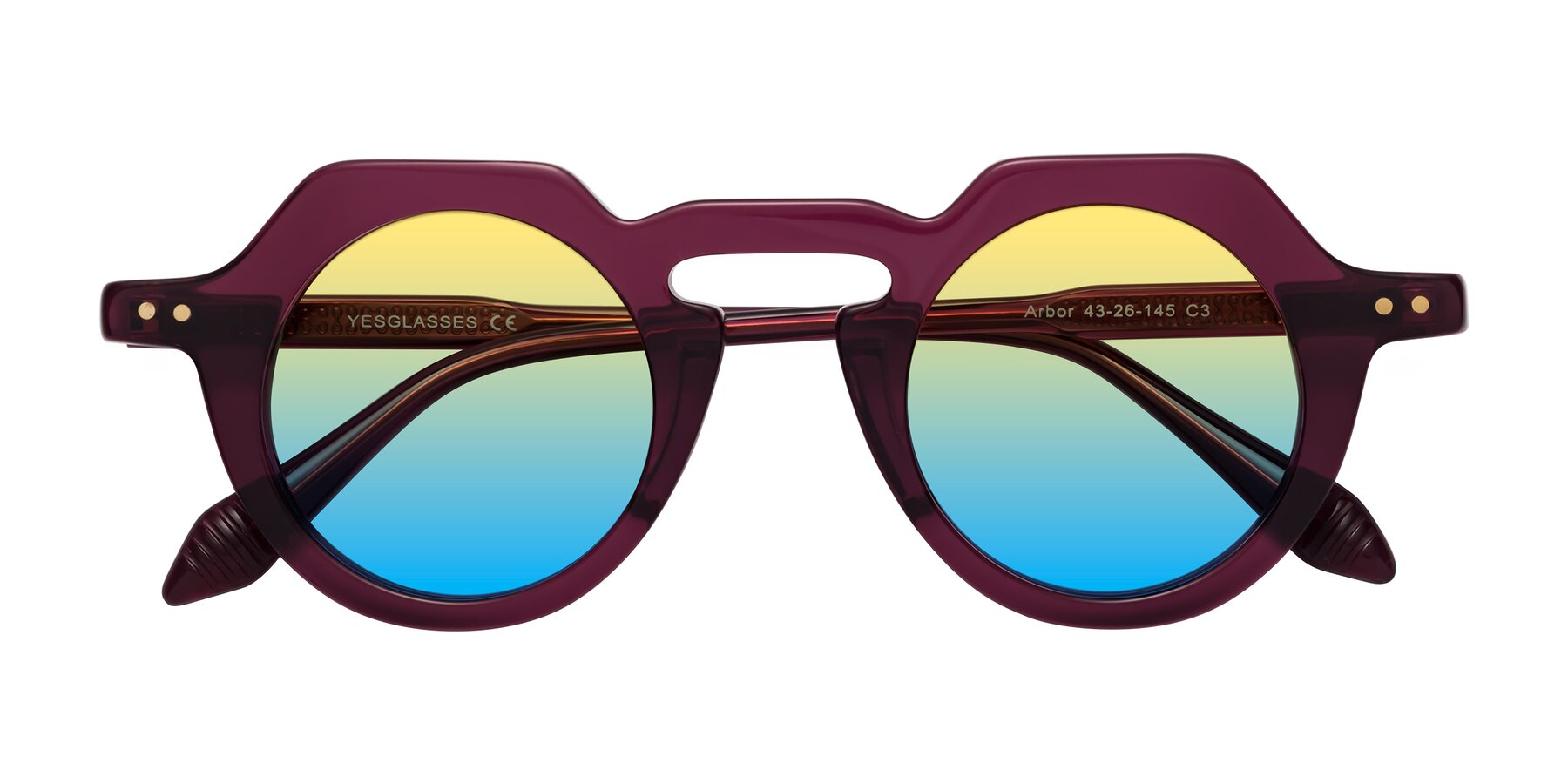 Folded Front of Arbor in Deep Purple with Yellow / Blue Gradient Lenses