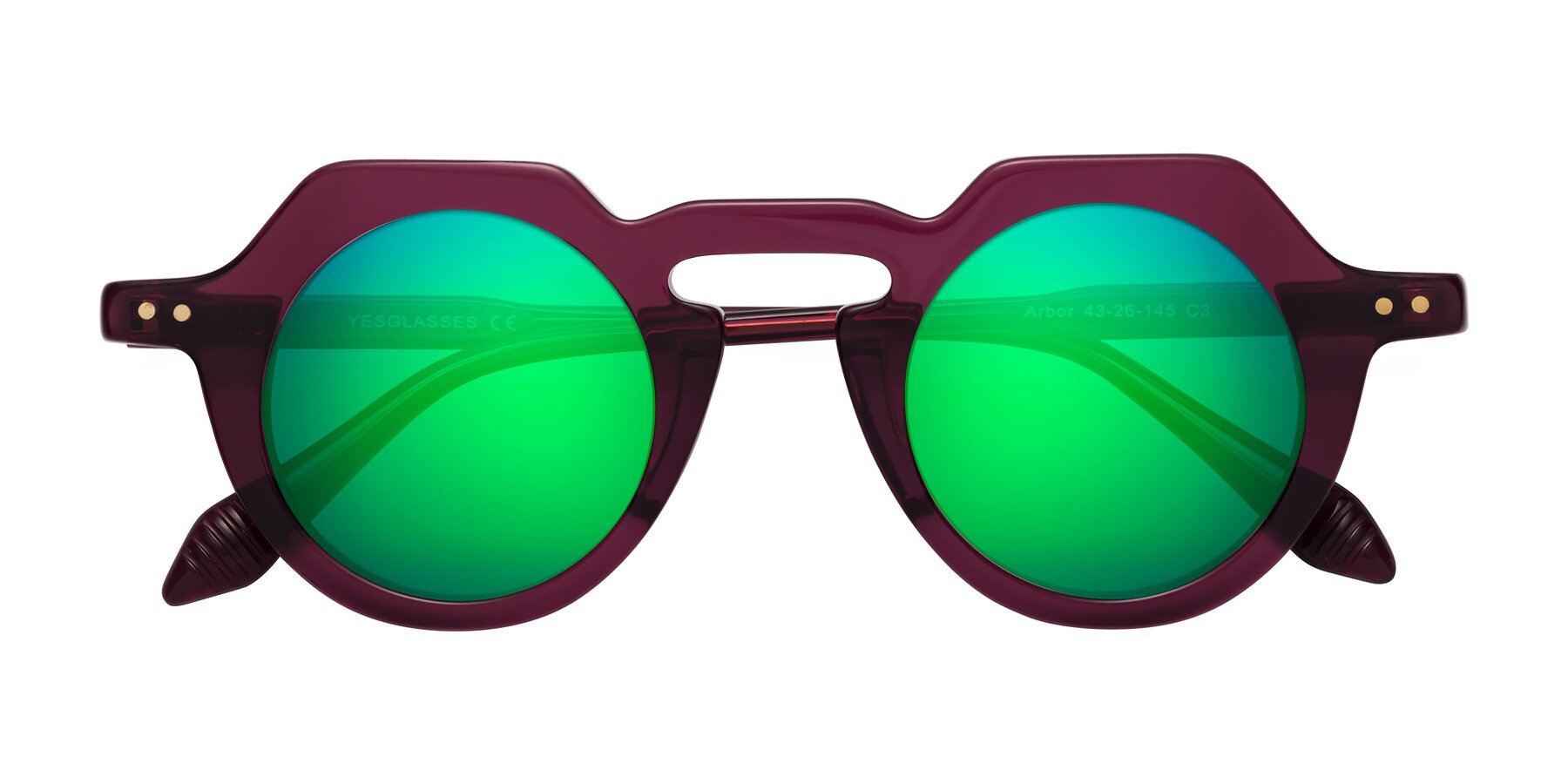 Folded Front of Arbor in Deep Purple with Green Mirrored Lenses