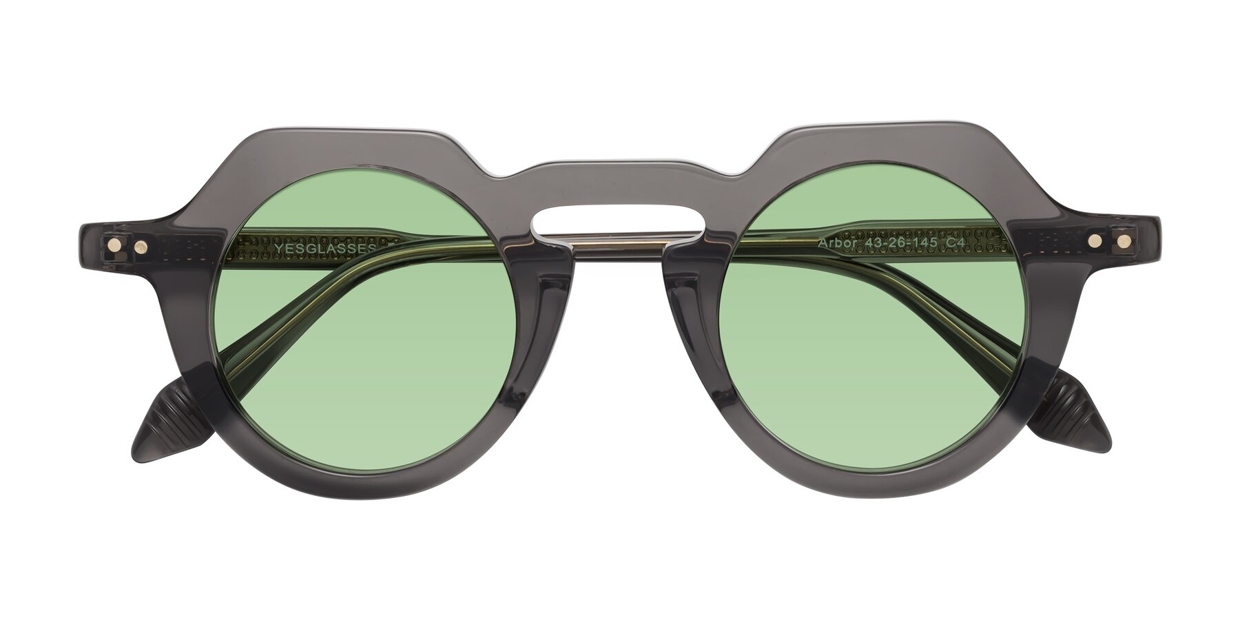 Folded Front of Arbor in Translucent Gray with Medium Green Tinted Lenses