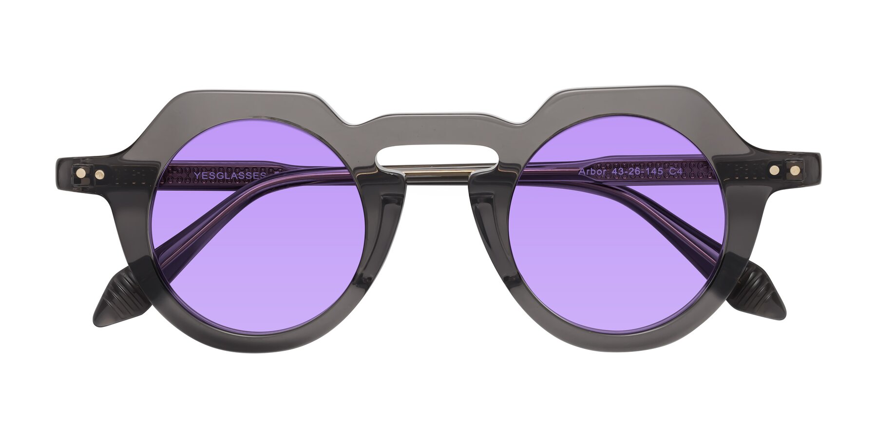 Folded Front of Arbor in Translucent Gray with Medium Purple Tinted Lenses