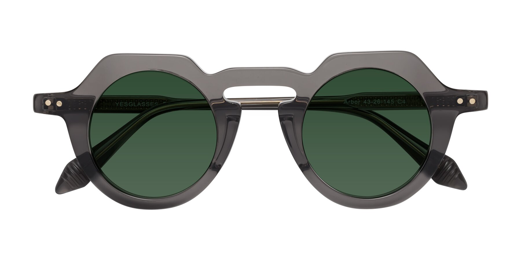 Folded Front of Arbor in Translucent Gray with Green Tinted Lenses