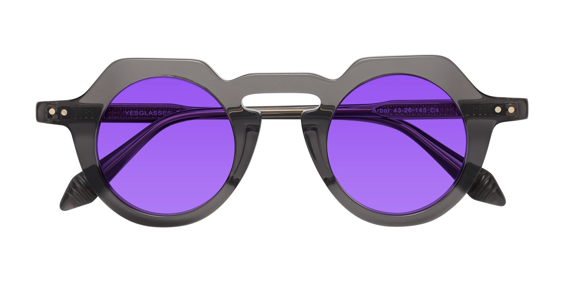 Folded Front of Arbor in Translucent Gray with Purple Tinted Lenses