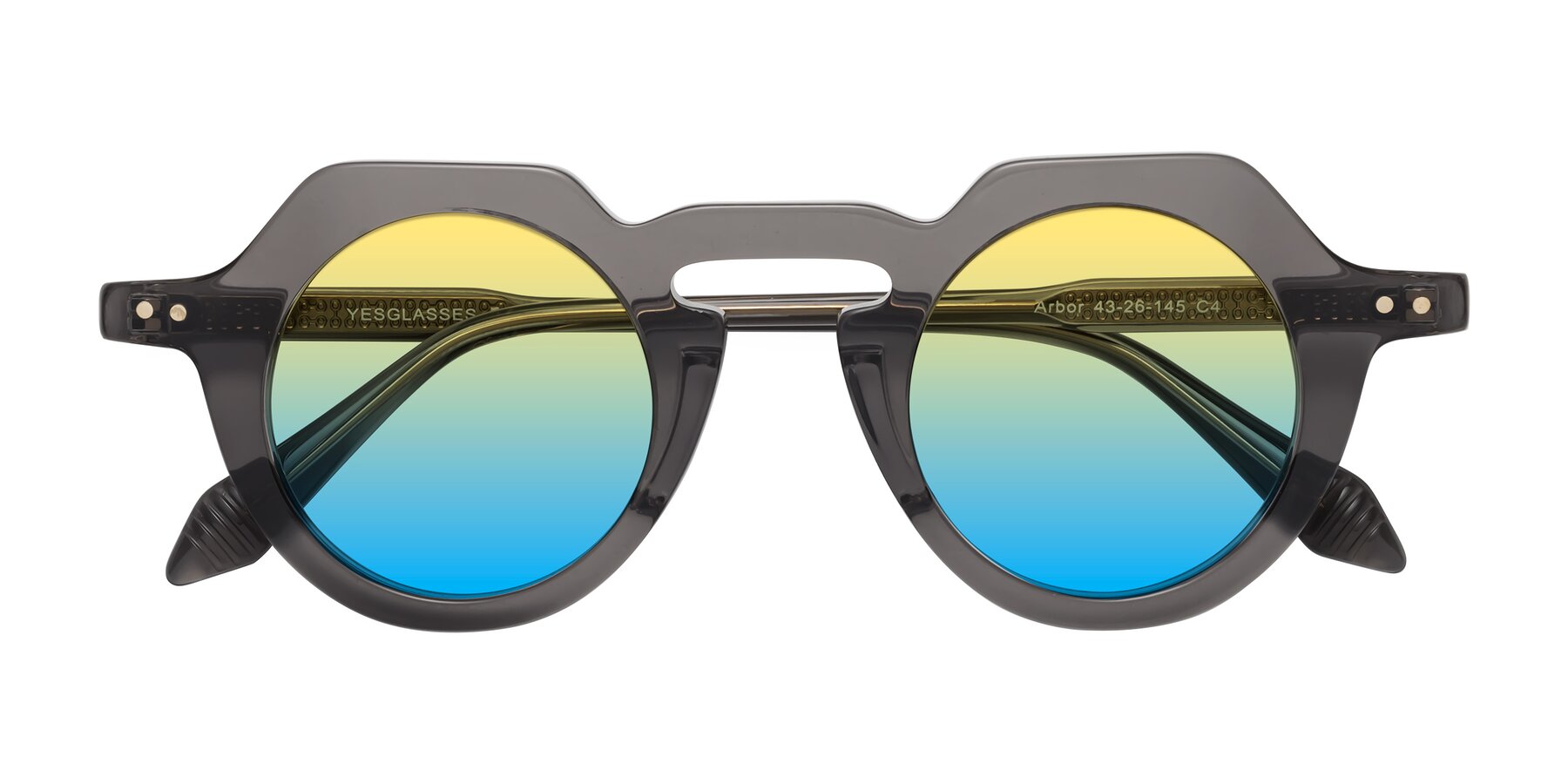 Folded Front of Arbor in Translucent Gray with Yellow / Blue Gradient Lenses