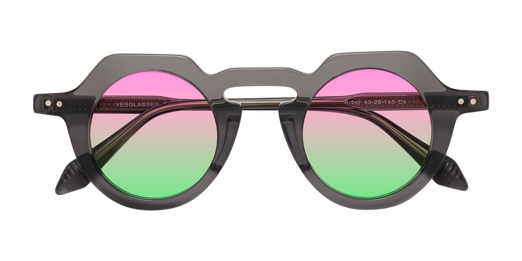 Folded Front of Arbor in Translucent Gray with Pink / Green Gradient Lenses