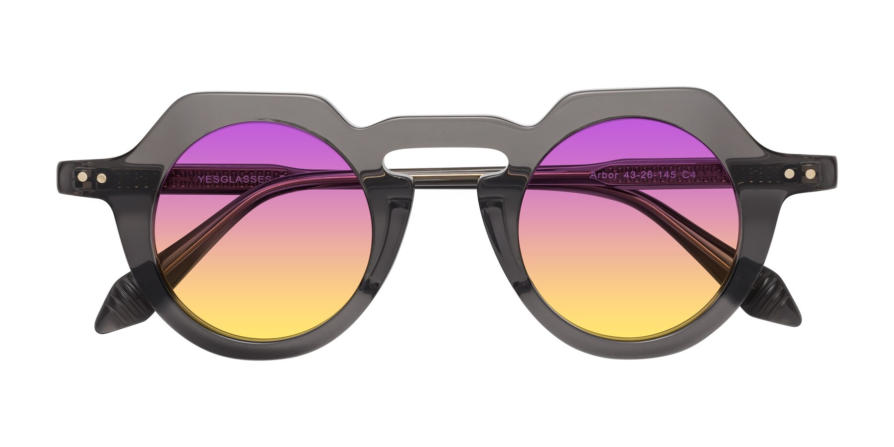 Folded Front of Arbor in Translucent Gray with Purple / Yellow Gradient Lenses