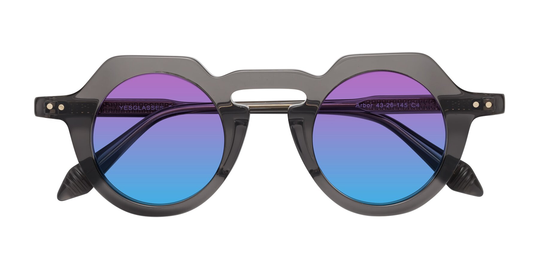 Folded Front of Arbor in Translucent Gray with Purple / Blue Gradient Lenses