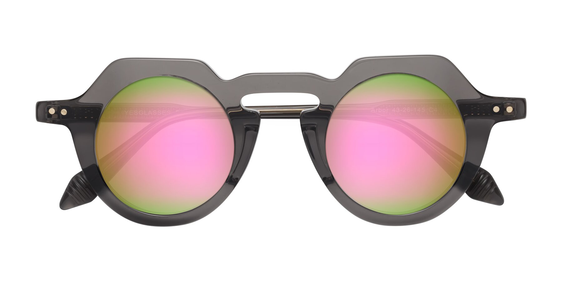 Folded Front of Arbor in Translucent Gray with Pink Mirrored Lenses