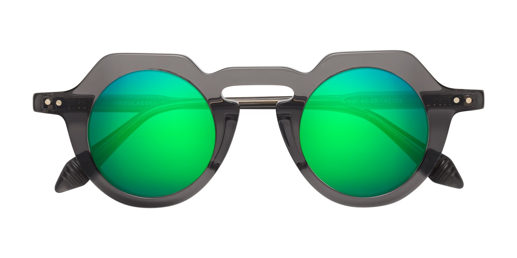 Folded Front of Arbor in Translucent Gray with Green Mirrored Lenses