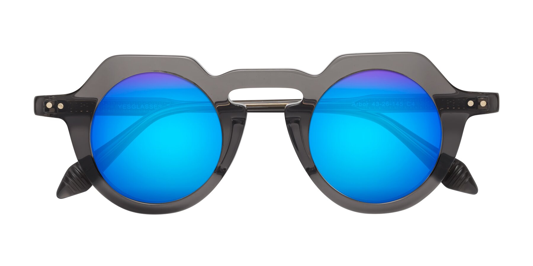 Folded Front of Arbor in Translucent Gray with Blue Mirrored Lenses