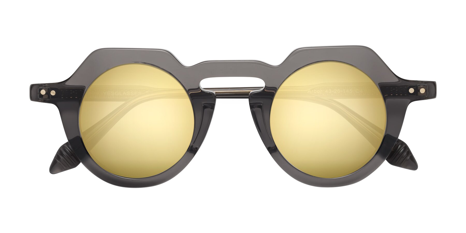 Folded Front of Arbor in Translucent Gray with Gold Mirrored Lenses