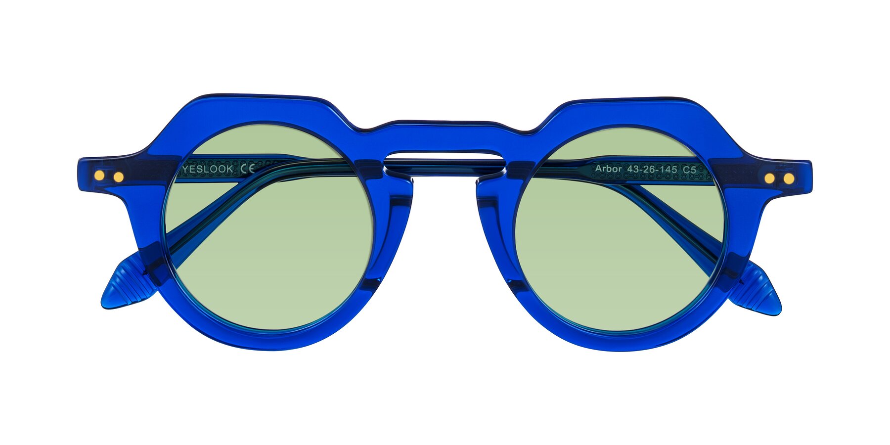 Folded Front of Arbor in Blue with Medium Green Tinted Lenses