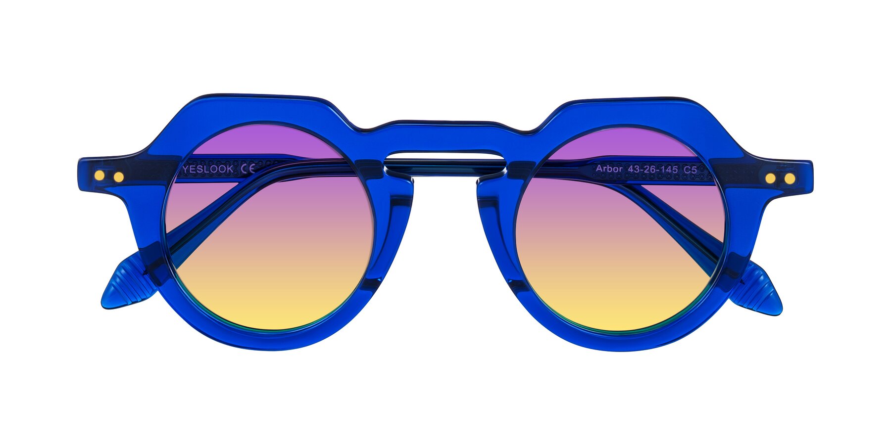 Blue Retro-Vintage Round Geometric Gradient Sunglasses with Purple / Yellow Sunwear Lenses - Arbor
