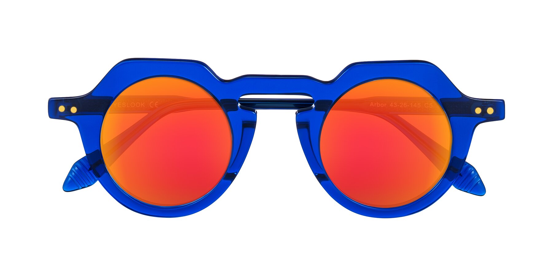 Blue Retro-Vintage Round Geometric Mirrored Sunglasses with Red Gold Sunwear Lenses - Arbor