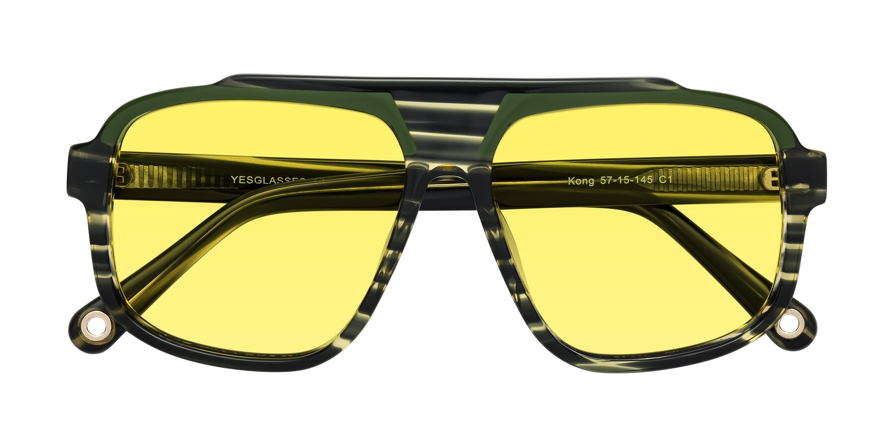 Folded Front of kong in Forest Striped with Medium Yellow Tinted Lenses