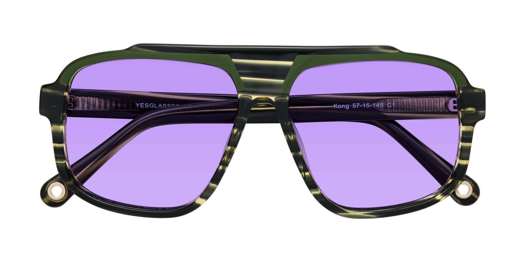 Folded Front of kong in Forest Striped with Medium Purple Tinted Lenses