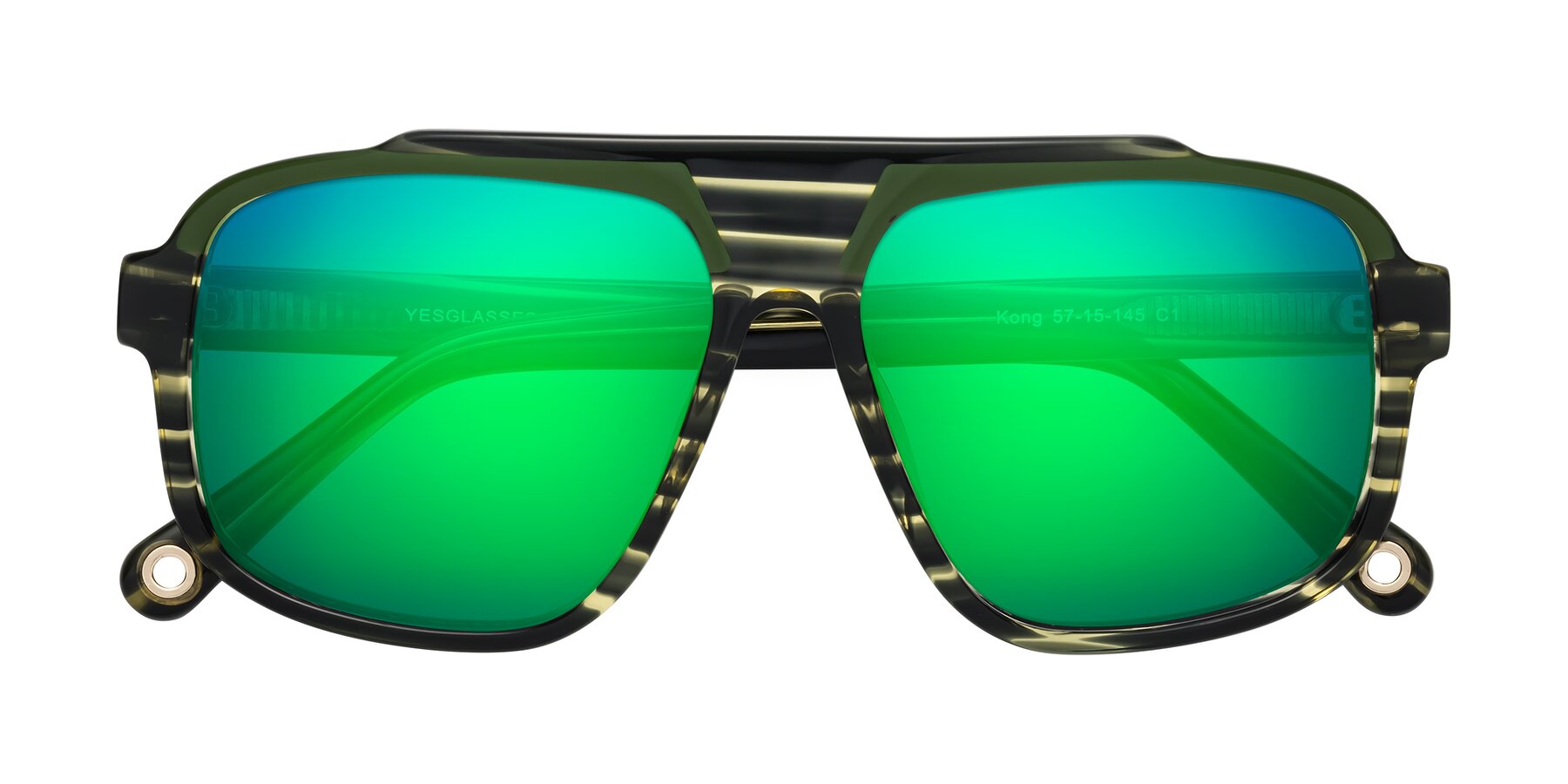 Folded Front of kong in Forest Striped with Green Mirrored Lenses