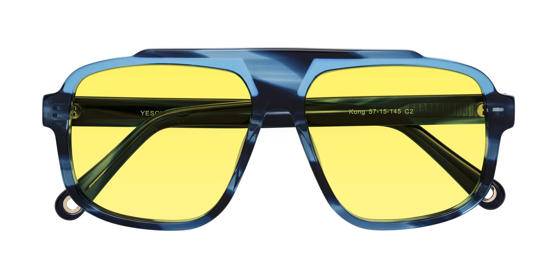 Folded Front of kong in Ocean Striped with Medium Yellow Tinted Lenses